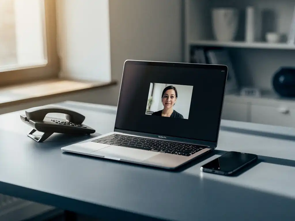 Laptop, smartphone en bureautelefoon op modern kantoorbureau met actief videogesprek op scherm, warm natuurlijk licht.