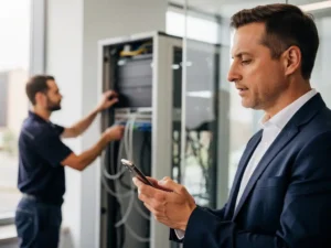 Professional aan de telefoon terwijl technicus netwerkkabels aansluit op kantoor, bedrijfscontinuïteit tijdens IT-onderhoud.