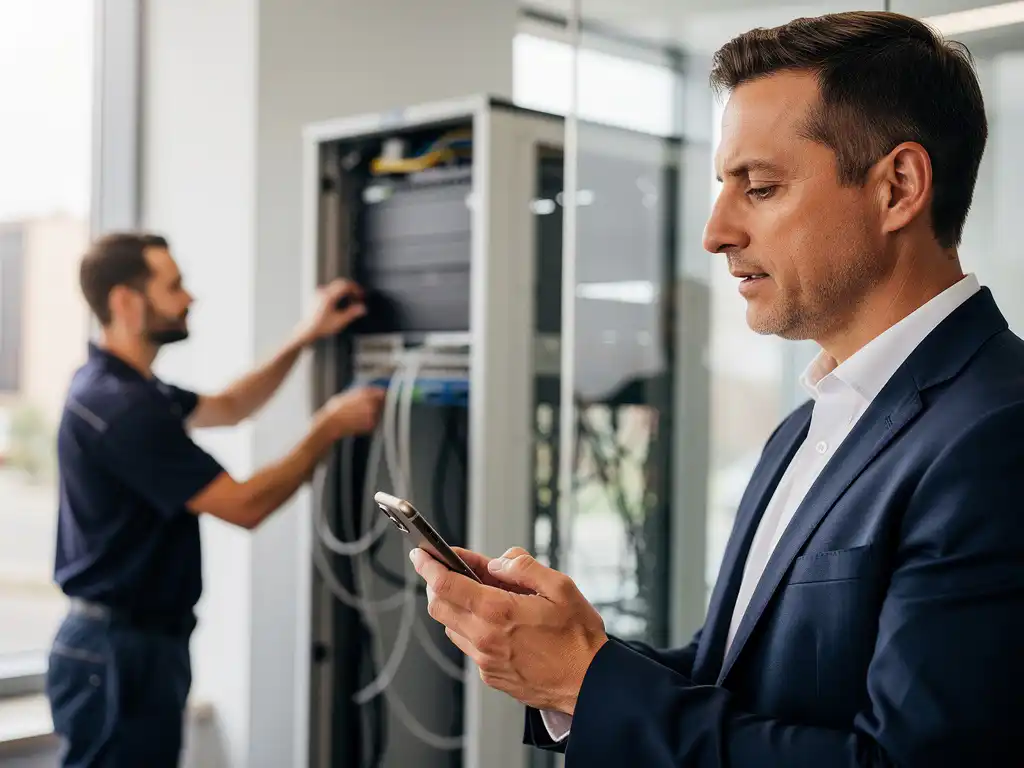 Professional aan de telefoon terwijl technicus netwerkkabels aansluit op kantoor, bedrijfscontinuïteit tijdens IT-onderhoud.