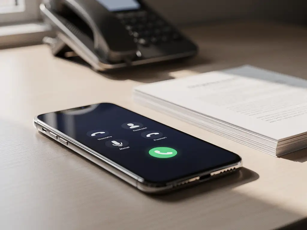 Smartphone op modern bureau toont inkomend zakelijk gesprek, met vaste telefoon op de achtergrond en professionele documenten ernaast.