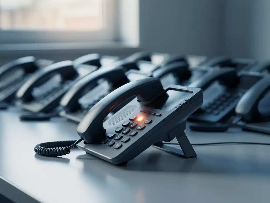 Moderne kantoortelefoon met gloeiend indicatielampje, met identieke toestellen op de achtergrond die een georganiseerde belwachtrij suggereren.