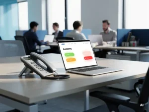 IP-desktelefoon en laptop met beschikbaarheidsdashboard op modern open-kantoor bureau, statuslampjes in groen, amber en rood.