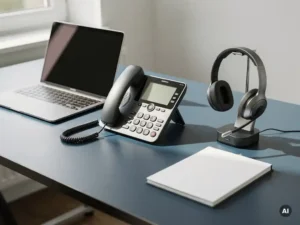 Modern kantoorbureautje met IP-desktelefoon, laptop, draadloze headset en notitieboek in warm natuurlijk licht.