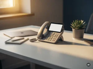Moderne bureautelefoon op een compact kantoorbureau met laptop, notitieboek en vetplant in warm goudkleurig licht.
