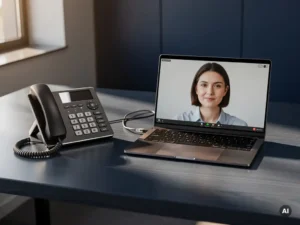 Bureautelefoon naast laptop met videogesprek, verbonden via ethernetkabel, op kantoorbureau met warm natuurlijk licht.