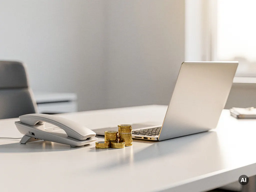 Zakelijke bureautelefoon en euromuntjes naast een open laptop in een licht kantoor met natuurlijk daglicht.