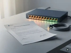 Ondertekend SLA-document op een zakelijk bureau naast een actieve ethernet-switch met knipperende indicatorlampjes en een gekrulde netwerkkabel.