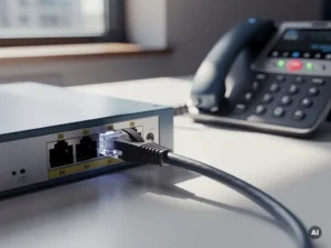 Ethernetkabel aangesloten op een netwerkswitch op een bureaublad, met een VoIP-desktelefoon met zacht gloeiende indicatielampjes ernaast.
