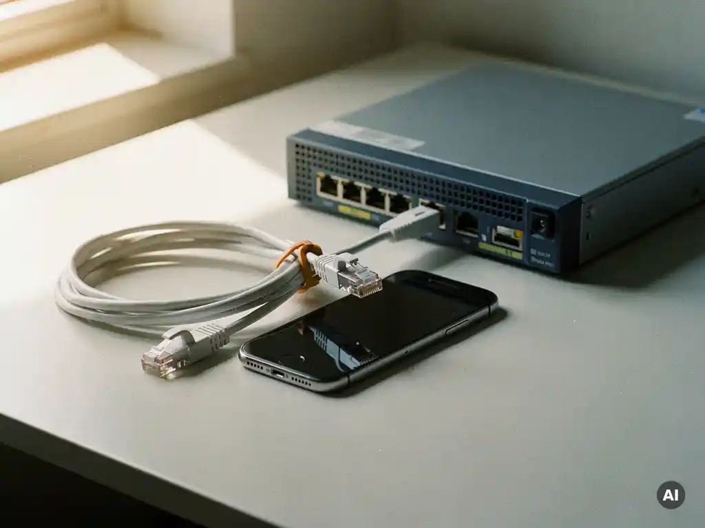 Ethernet-kabel, smartphone en compacte server samengevoegd met één kabelbinder op een modern kantoorbureau.