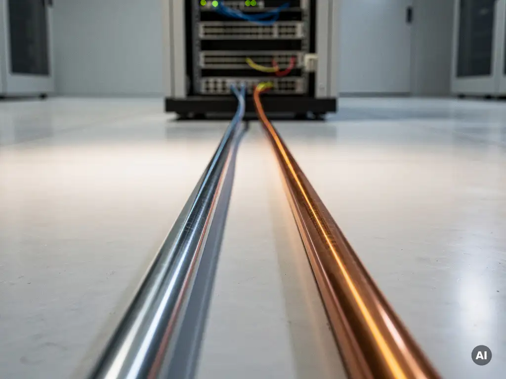 Glasvezelkabel en koperen kabel naast elkaar op de vloer van een moderne serverruimte, convergerende richting een netwerkkast.