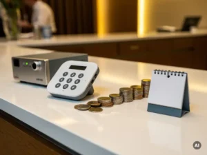 Hotelreceptie met modern cloud telefoonsysteem, euromunten en kalender die terugverdientijd suggereren, in warme crème en leisteenblauwe tinten.
