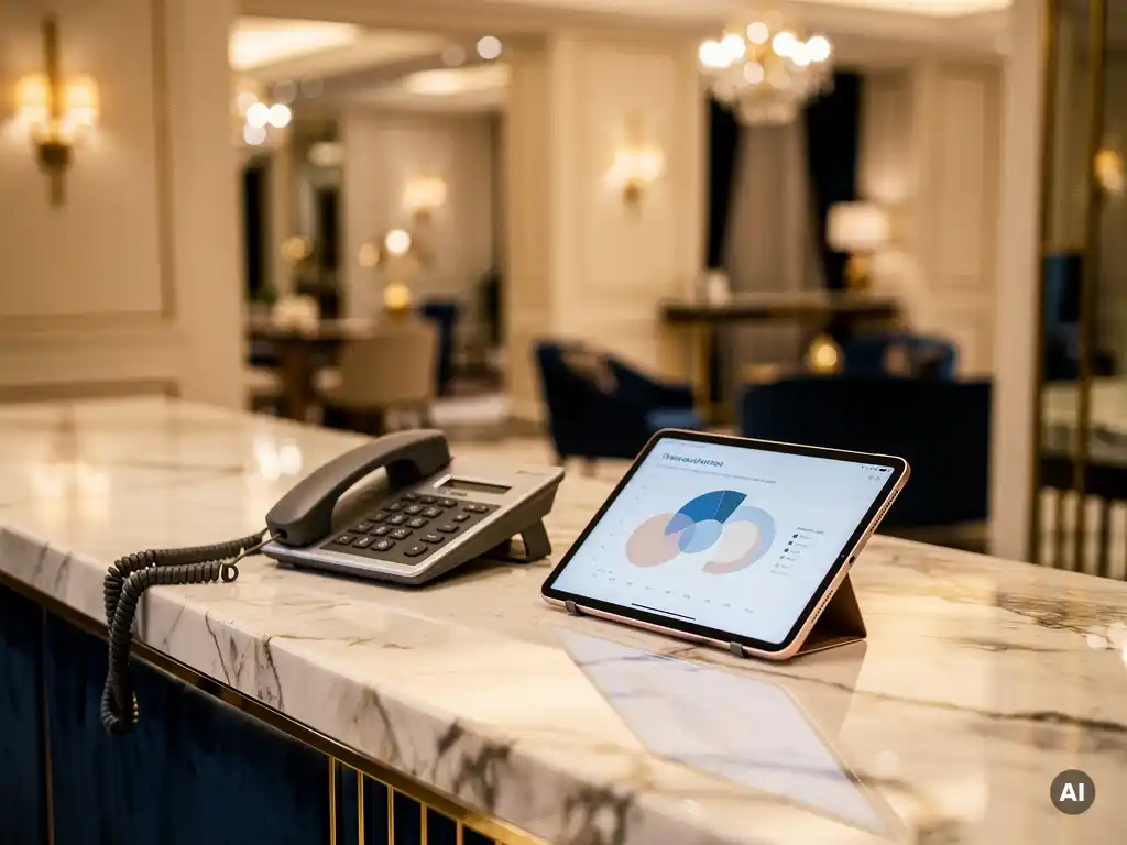 Hotelconciergebalie met moderne telefoon en tablet met gasttevredenheidsgrafiek, verlicht door warme lobby-sfeerverlichting op gepolijst marmer.
