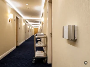 Moderne hotelgang met WiFi-accesspoint op crèmekleurige muur, huishoudtrolley op achtergrond en warme sfeerverlichting.