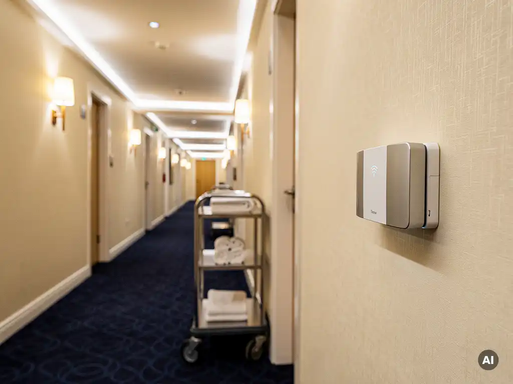 Moderne hotelgang met WiFi-accesspoint op crèmekleurige muur, huishoudtrolley op achtergrond en warme sfeerverlichting.