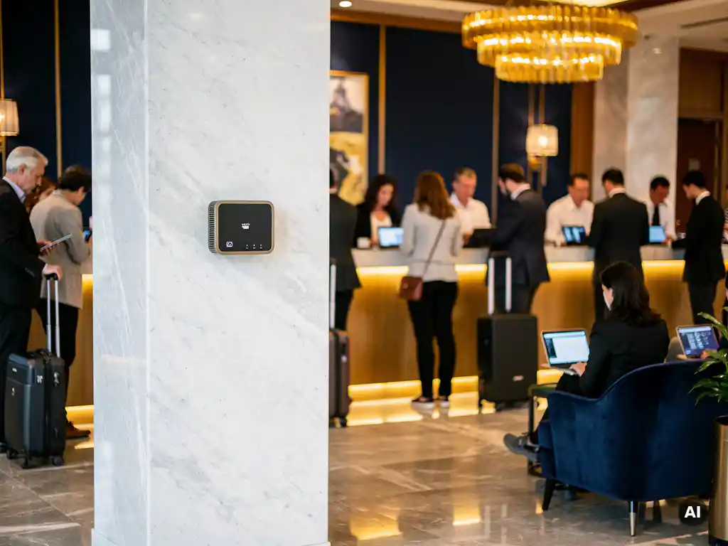 Router op marmeren pilaar in drukke hotellobby met incheckende gasten, smartphones en laptops, verlicht door gouden kroonluchter.