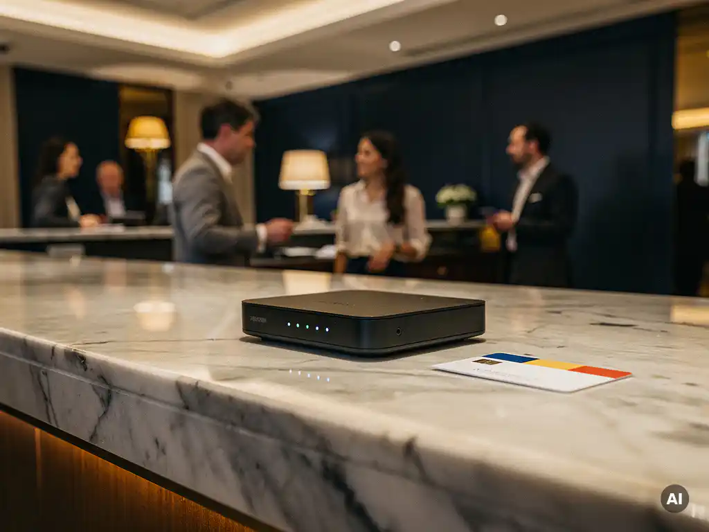 Router met gloeiende indicatielampjes op een marmeren hotelreceptie naast een keycard, warme sfeerverlichting op de achtergrond.