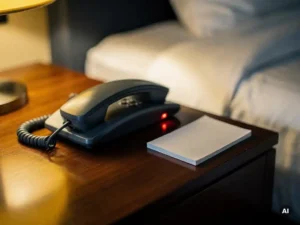 Hotelkamertelefoon met rood noodlampje op houten nachtkastje naast opgevouwen notitieblok en schemerlamp.