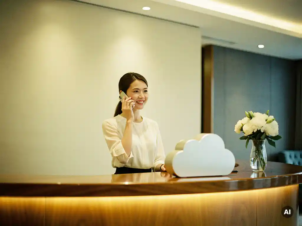 Hotelreceptionist beantwoordt telefoongesprek aan moderne balie met warme verlichting, houten oppervlakken en witte bloemen.