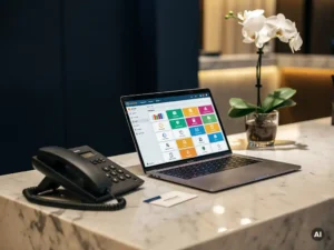 Hotelreceptietelefoon naast laptop met property management dashboard, kamersleutelkaart en witte orchidee op marmeren balie.