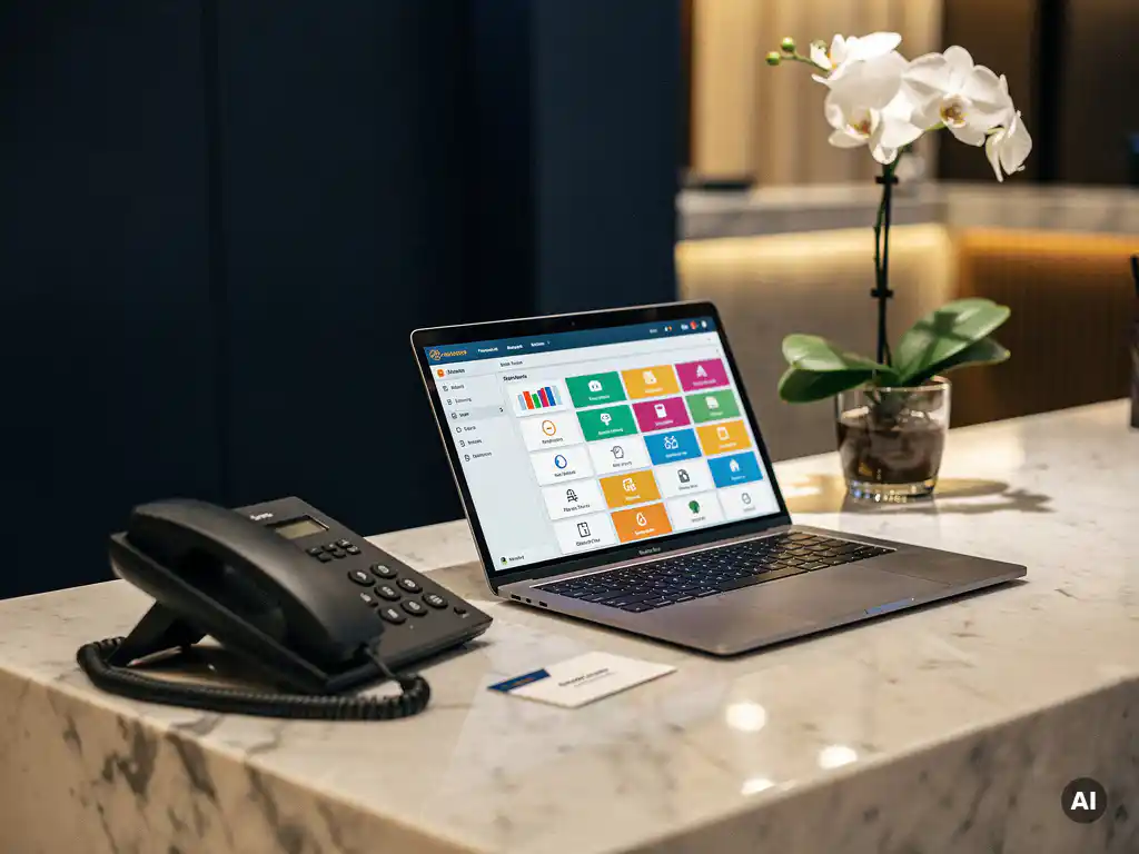 Hotelreceptietelefoon naast laptop met property management dashboard, kamersleutelkaart en witte orchidee op marmeren balie.