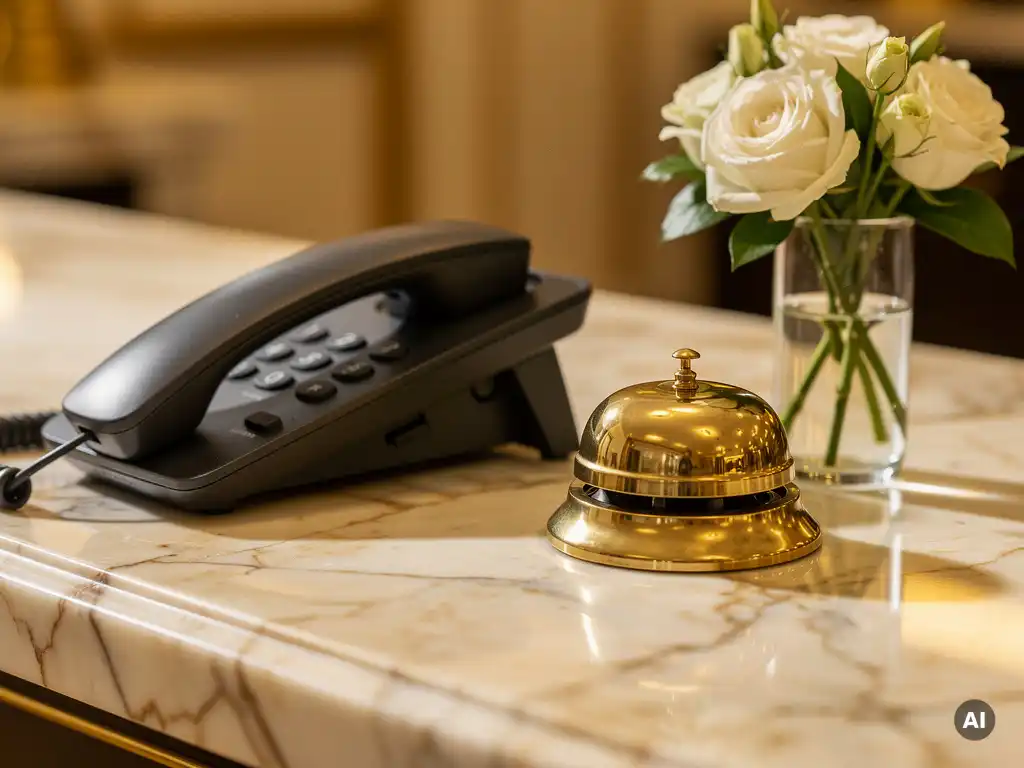 Zwarte telefoonhoorn op marmeren hotelreceptiebalie met witte bloemen en messing conciërgebel in warm gouden licht.