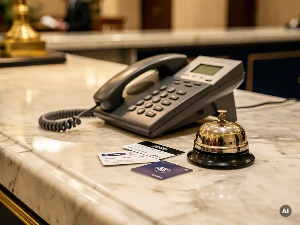 Hoteltelefoonhoorn op marmeren receptiebalie met bel en sleutelkaarten, warm verlichte lobby op de achtergrond.