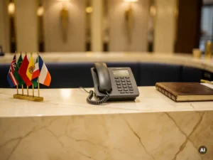 Hotelreceptiebalie met VoIP-telefoon, internationale vlaggenspelden en leren gastenboek op warm marmeren oppervlak.