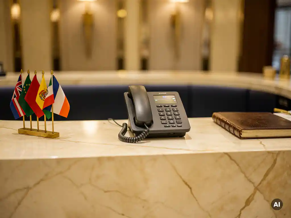 Hotelreceptiebalie met VoIP-telefoon, internationale vlaggenspelden en leren gastenboek op warm marmeren oppervlak.