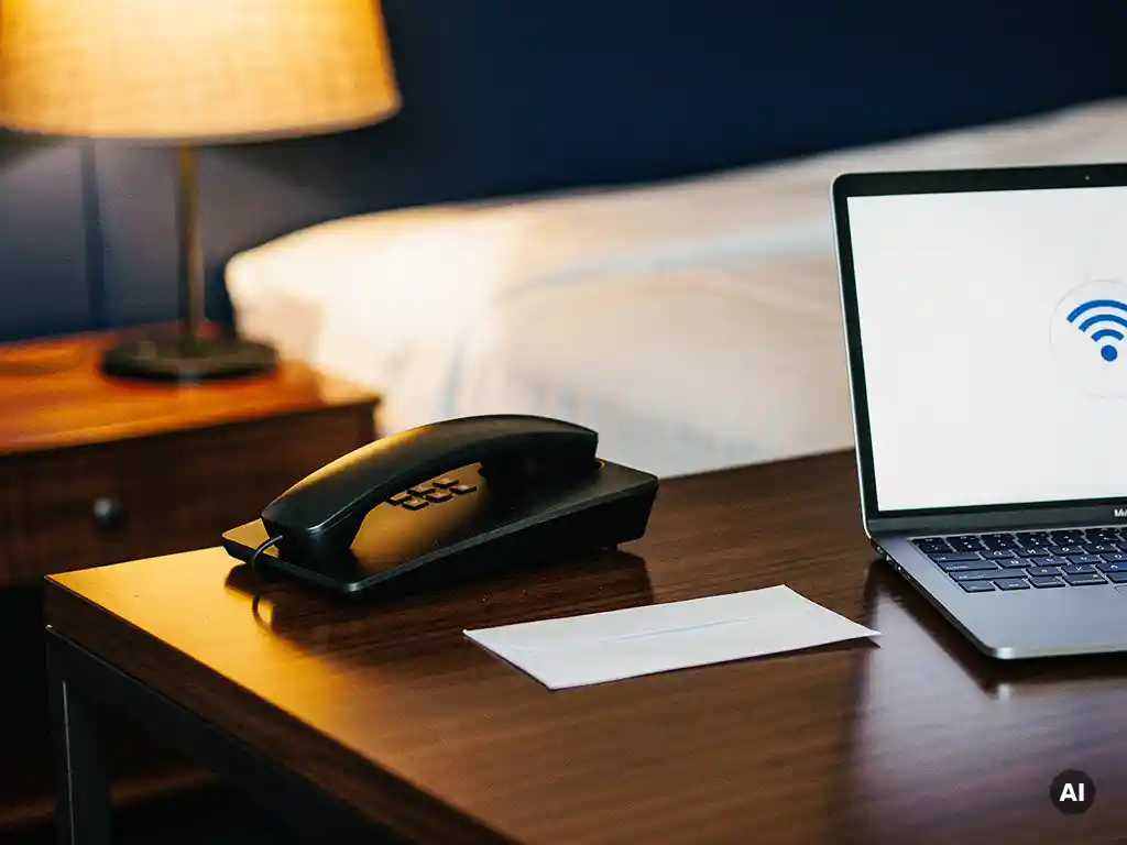 Hotelkamer bureau met moderne telefoon, laptop met wifi-indicator en gevouwen factuurenvelop in warm gouden lamplight.