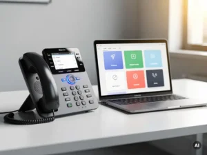 IP-desktelefoon en laptop met softphone-interface naast elkaar op modern kantoorbureau.