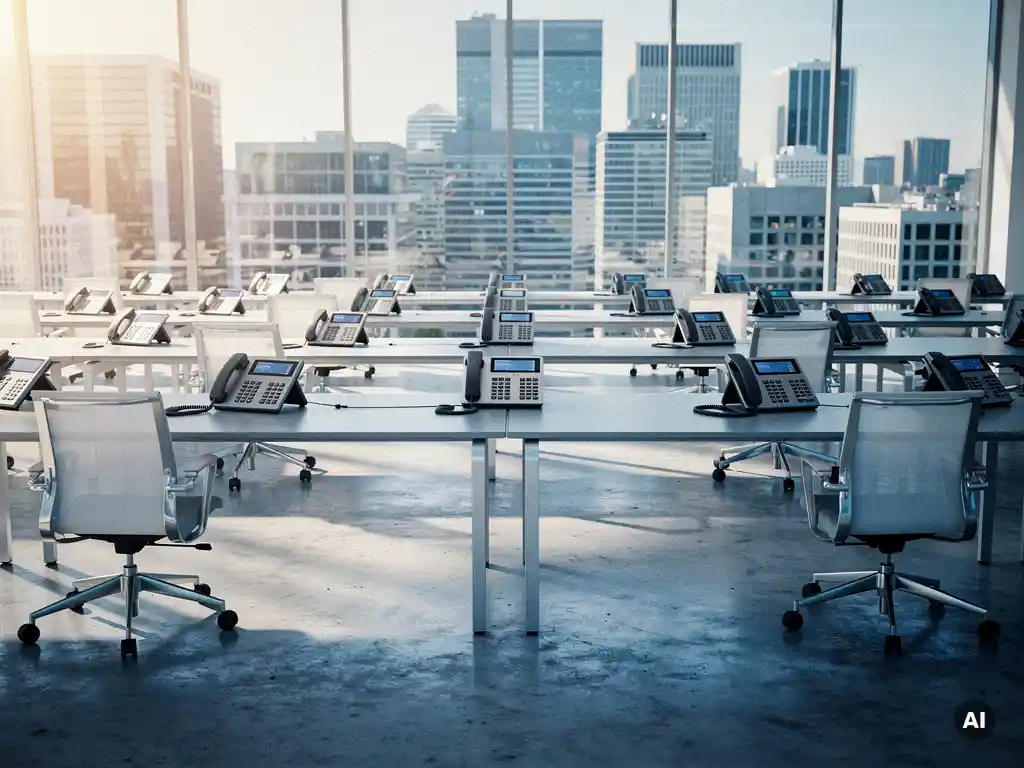 Rijen IP-desktelefoons in een modern open kantoor met betonnen vloer en glazen gevel met uitzicht op een groeiende stad.