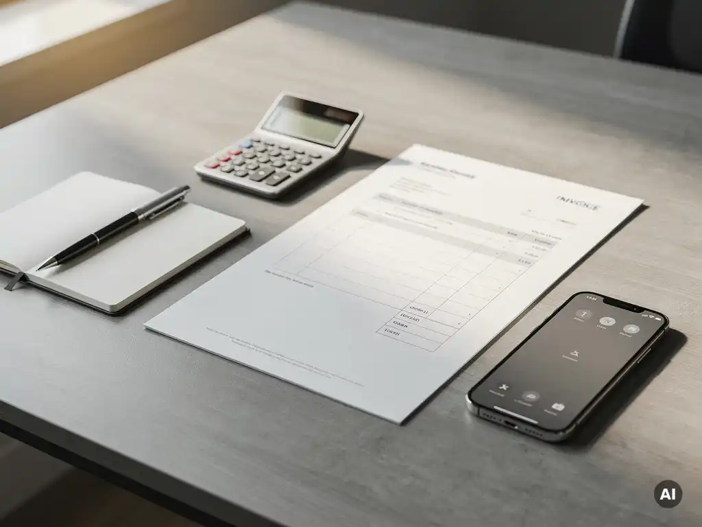 Nette bureautafel met maandelijkse factuur, zakelijke smartphone, calculator en notitieboekje in warme neutrale tinten.