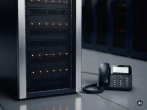 Serverrack met knipperende ambergele statusindicatoren in een donker datacenter, met een VoIP-bureautelefoon op de voorgrond.