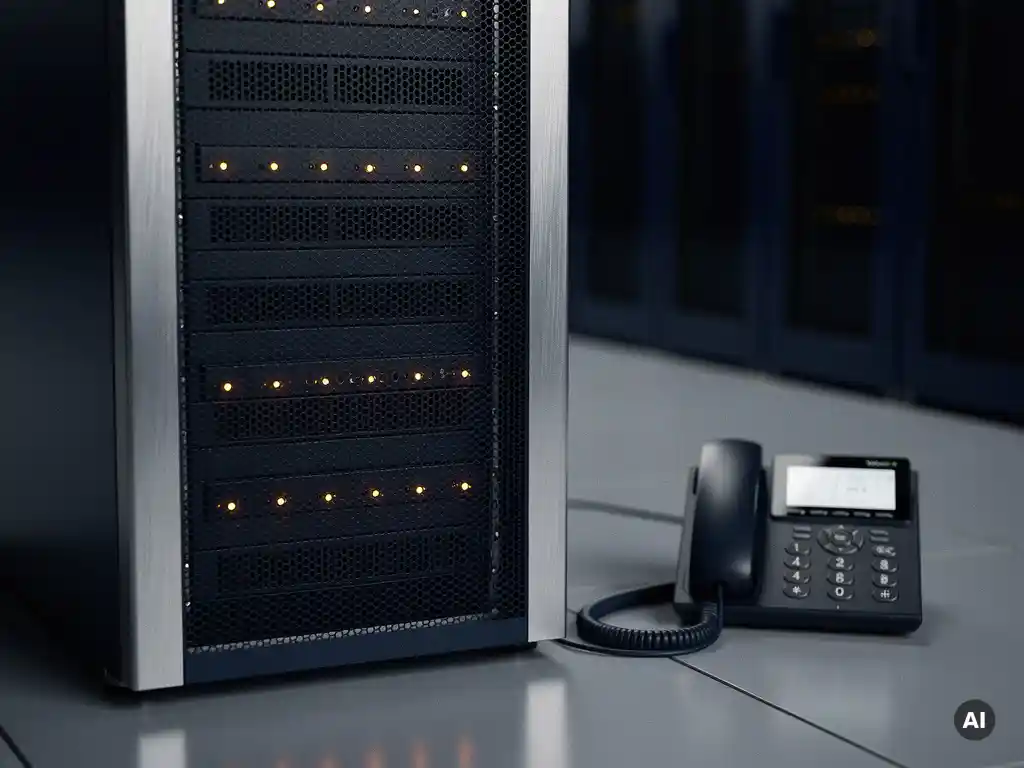 Serverrack met knipperende ambergele statusindicatoren in een donker datacenter, met een VoIP-bureautelefoon op de voorgrond.