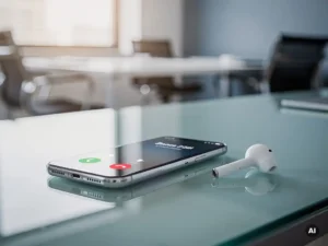 Smartphone met actief zakelijk gesprek op glazen bureau, draadloze oordopjes ernaast, natuurlijk daglicht in modern kantoor.