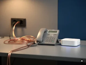 Twee kantoortelefoons op modern bureau: één met koperkabelverbinding naar wandcontact, één draadloos naast compacte cloudrouter.