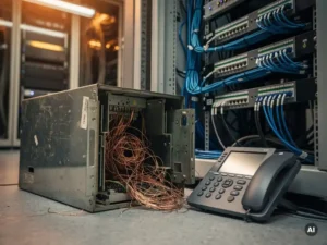 Verouderde PBX-telefooncentrale met koperdraadkluwen naast moderne IP-telefoon en patchpanel tijdens migratie in serverruimte.