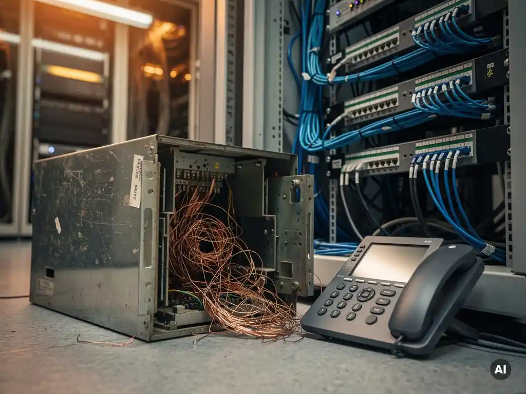 Verouderde PBX-telefooncentrale met koperdraadkluwen naast moderne IP-telefoon en patchpanel tijdens migratie in serverruimte.