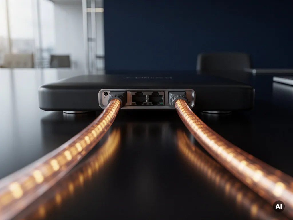 Twee glasvezelkabels met gloeiende amber pulsen die samenkomen in een moderne netwerkrouter op een donker bureau.