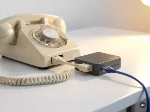 Vintage crème rotarytelefoon verbonden via een ATA-adapter met een moderne ethernetkabel op een wit bureau.
