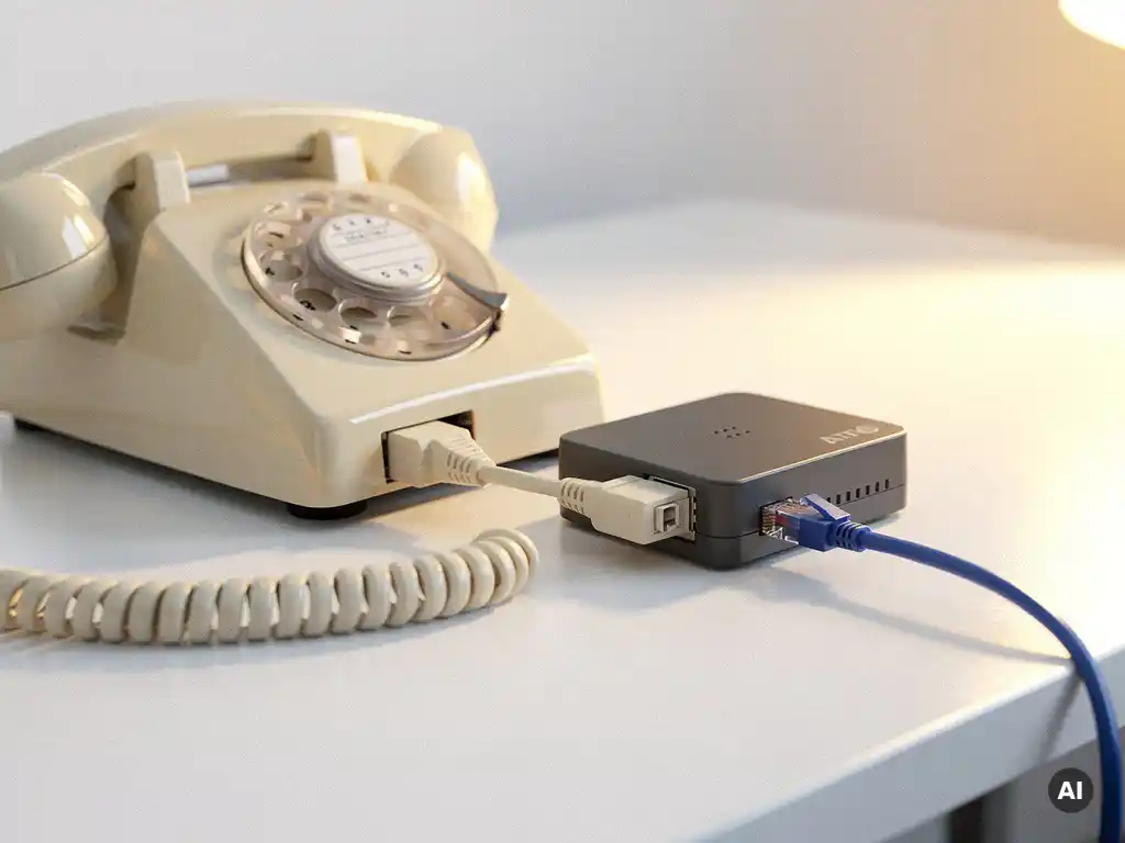 Vintage crème rotarytelefoon verbonden via een ATA-adapter met een moderne ethernetkabel op een wit bureau.