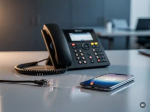 VoIP-bureautelefoon actief op kantoor naast doorgesneden ethernetkabel, smartphone toont 4G-signaal als back-upverbinding.