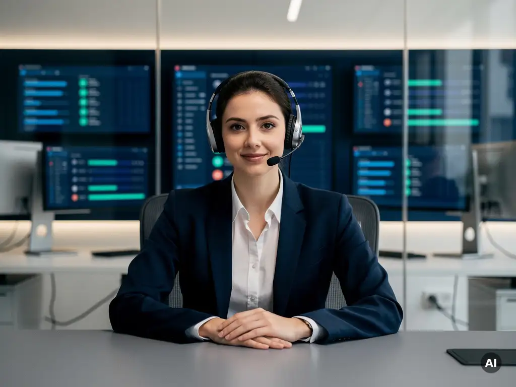 Callcentermedewerker met headset aan modern bureau, omringd door gloeiende softphone-displays en wachtrijindicatoren in kantooromgeving.
