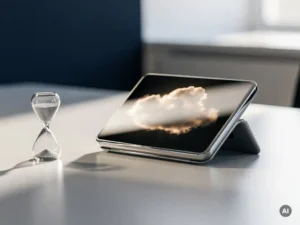 Moderne bureautelefoon met glanzend oppervlak en zandloper in zakelijke werkruimte, navy en zilver tinten, zijdelings kantoorlicht.