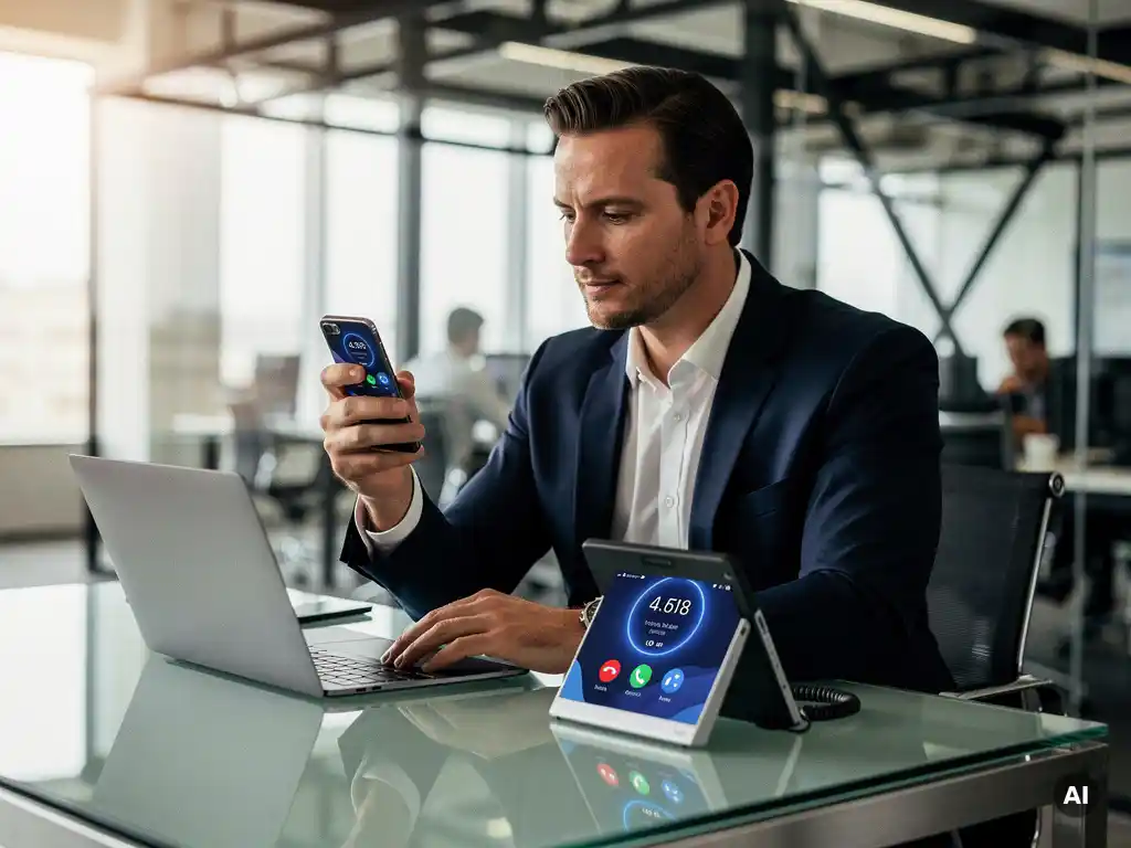 Zakenman schakelt tussen smartphone en desktelefoon in modern kantoor met glazen werkruimte, beide toestellen tonen dezelfde oproep.