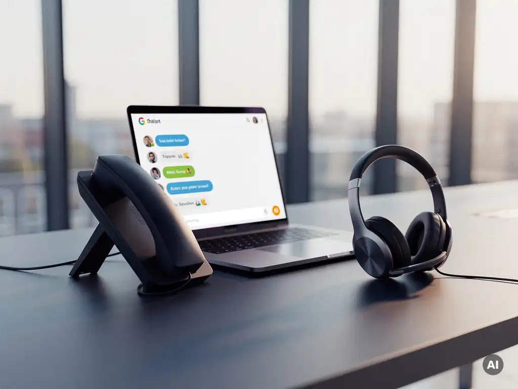 Zakelijke bureautelefoon verbonden met laptop met teamchat, draadloze headset ernaast, modern Nederlands kantoor met daglicht.