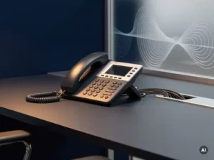 Zakelijk IP-desktelefoon op modern kantoorbureau met netwerkkabels, navy blauwe en zilveren tinten, sfeervolle verlichting.