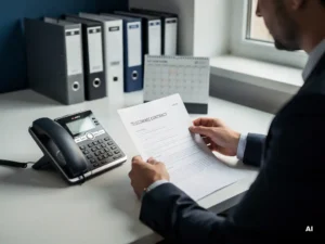 Zakelijke professional bekijkt telecomcontract naast VoIP-bureautelefoon, kalender open op jaareinddatum, georganiseerde mappen op achtergrond.