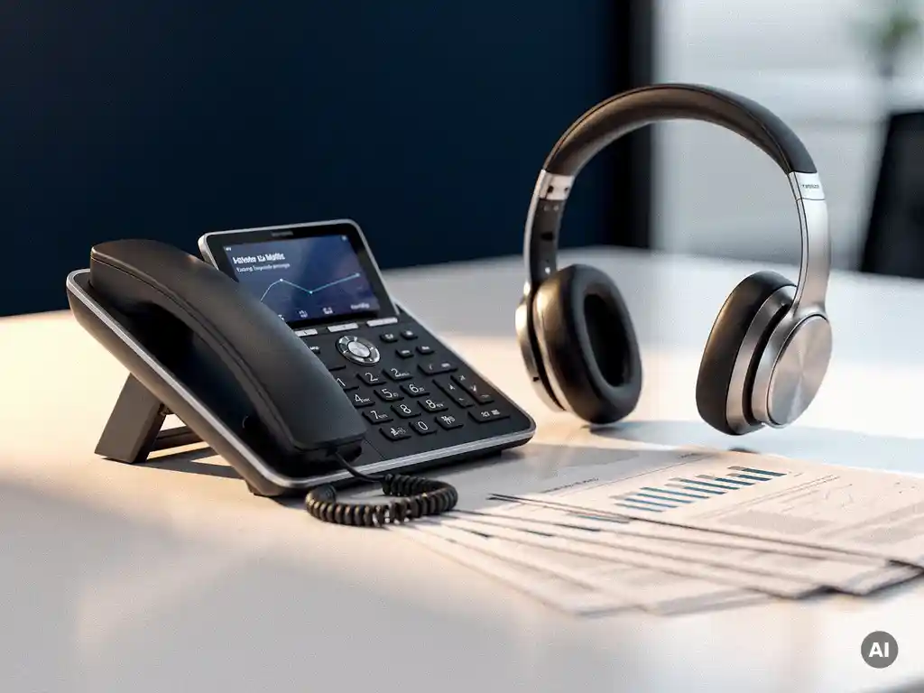 Zakelijke bureautelefoon naast draadloze headset op modern kantoorbureau met documenten, zakelijke communicatieapparatuur in marineblauw en zilver.